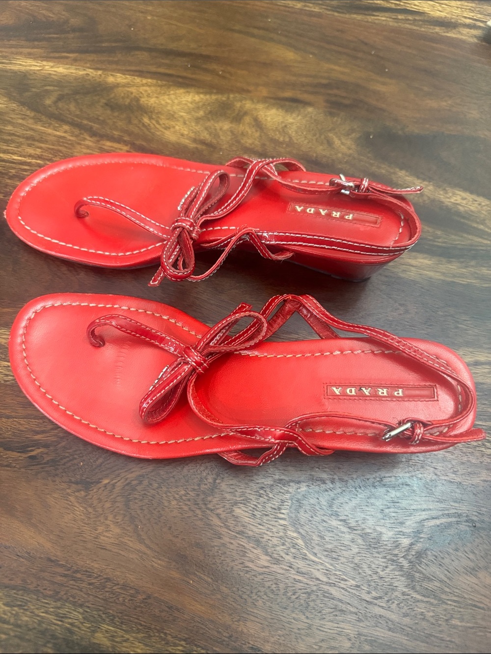 Prada Red Leather Bow Toe Sandals with Ankle Strap